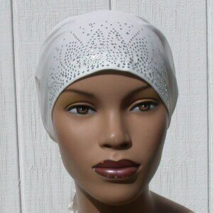 Rhinestone Tie Back Cap Cotton Bonnet Hijab Undercap White